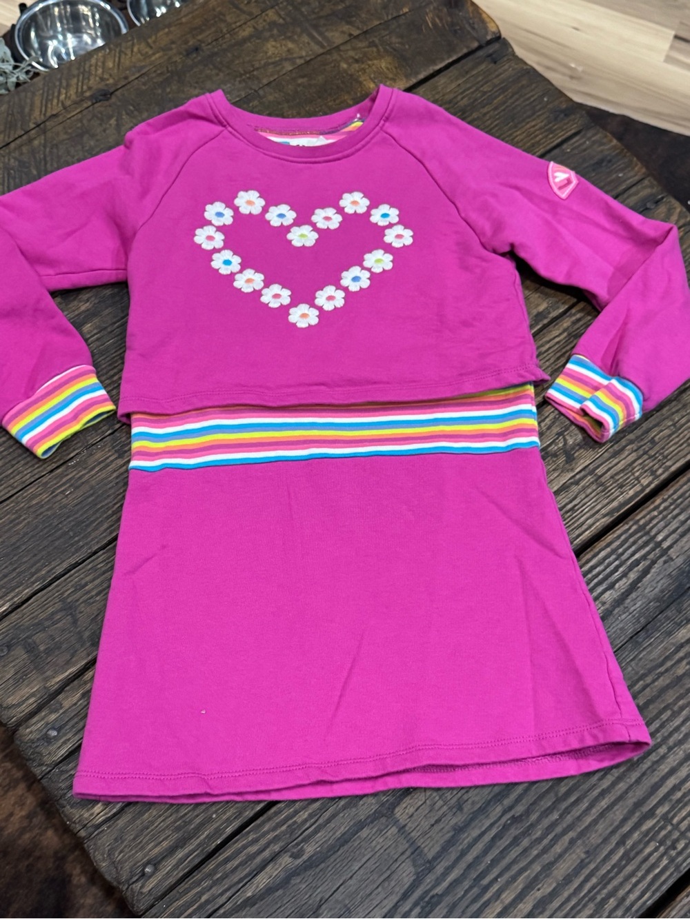 Hatley Girls Pink Long Sleeve Dress with Striped Trim & Heart Embroidery Size 6